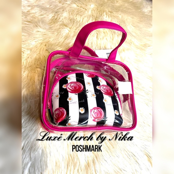 Betsey Johnson 3PC Cosmetic Set Pink Bow stripe clear bag 🎀 - Picture 2 of 6